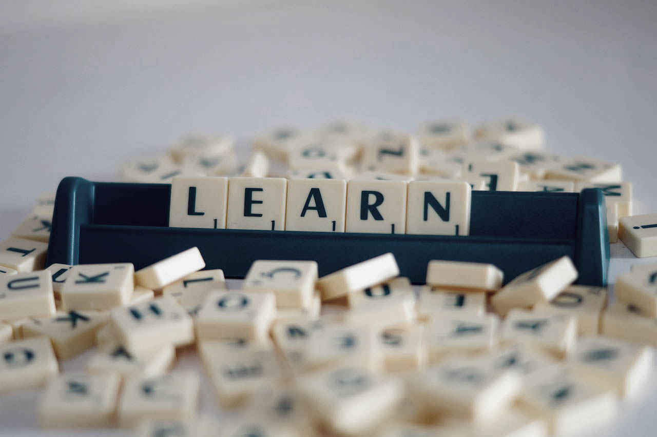 Spielsteine mit Buchstaben bilden das Wort 'Learn'